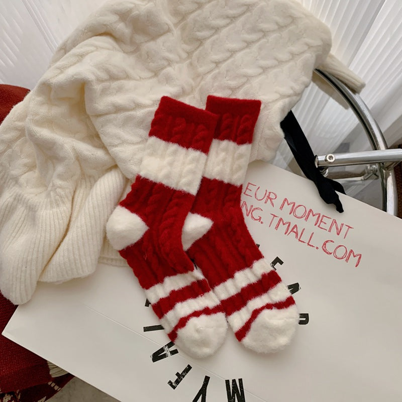 Red Striped Cashmere Blend Warm Mid Calf Socks
