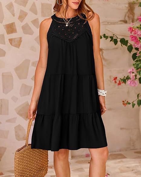 Hollow Lace Stitching Halter Neck A-Line Dress