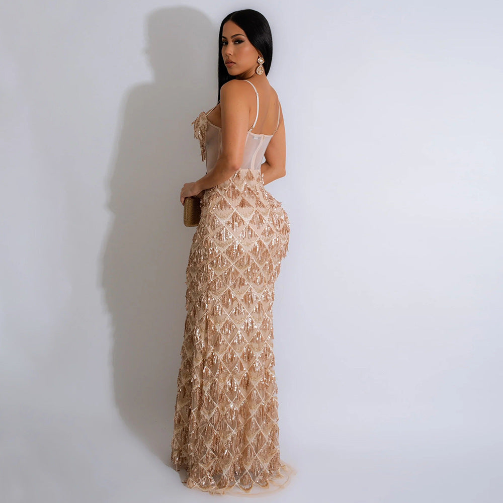 Sequined Party Halter Hips A-Line Dress