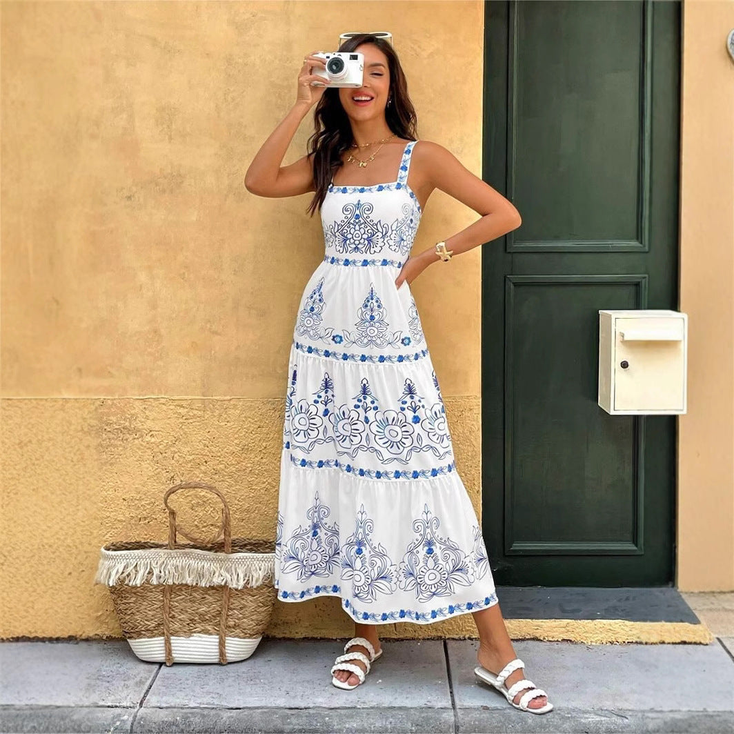 Natividad® | Women'S Floral Motif Maxi Dress With Adjustable Straps And Elastic Waistband