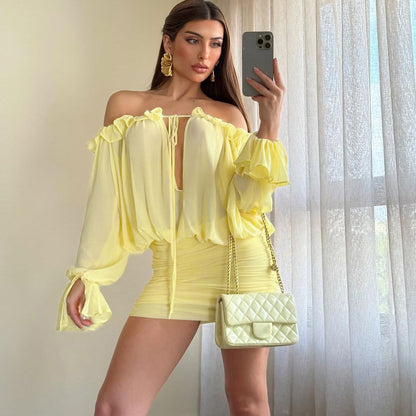 One-shoulder hollow lace solid color slim hip dress