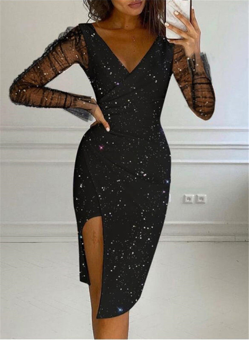 Ofelia® | Women'S Evening Dress With Transparent Sleeves And Glittering Star Motif