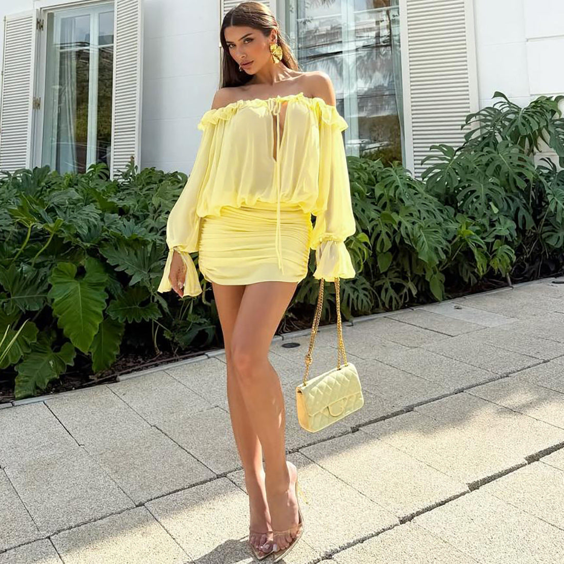 One-shoulder hollow lace solid color slim hip dress