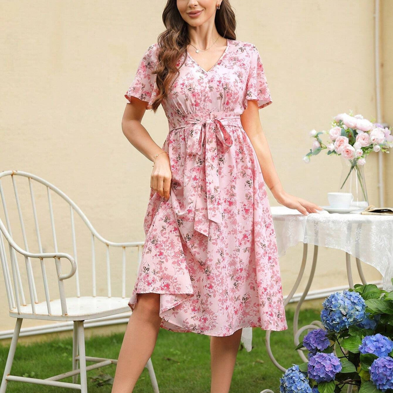 Zuleyka® | Women'S Floral Dress With V-Neck And Tailored Tie Belt