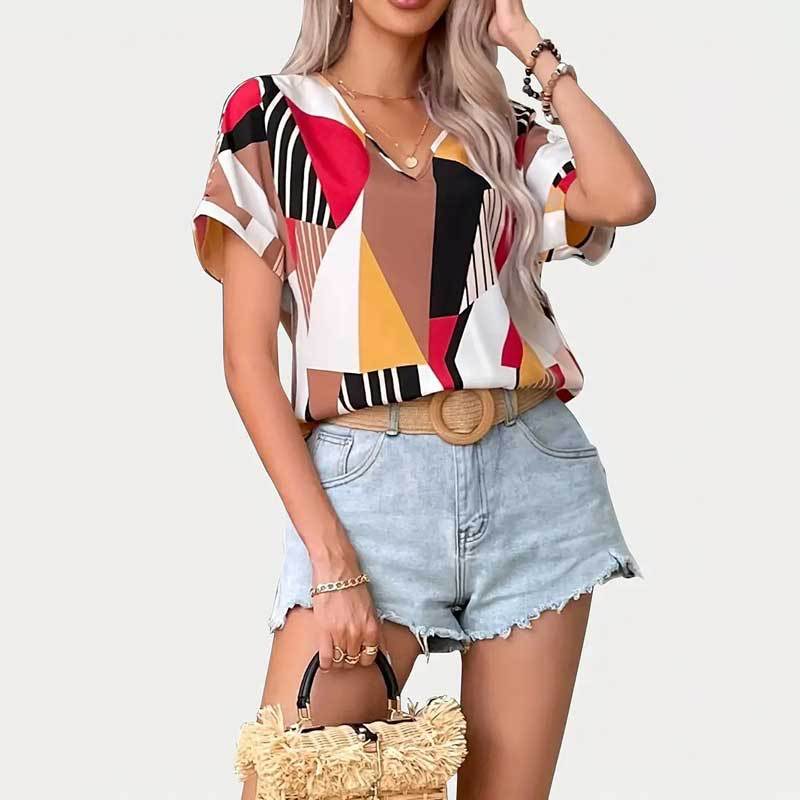 Fernanda® | Women'S Cotton T-Shirt With Modern Geometric Pattern And V-Neck