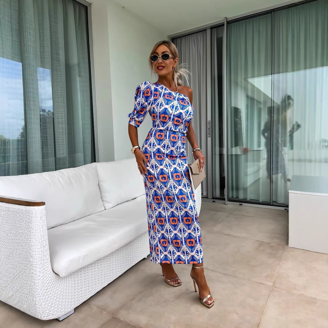 Yesica® | Women'S Asymmetric Maxi Dress With Puff Sleeves And Eye-Catching Pattern