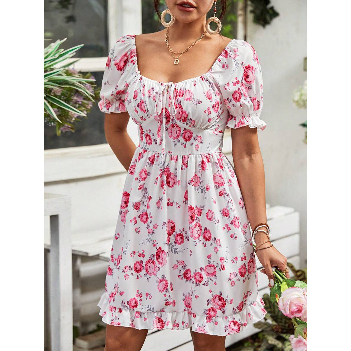 Tatiana® | Women'S Floral Basic Dress With Puff Sleeves And Adjustable Neckline