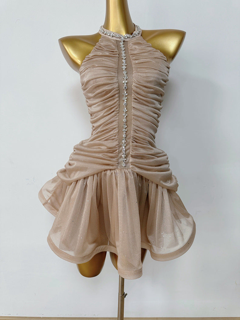 Waist-Length Rhinestone Halter Neck A-Line Dress