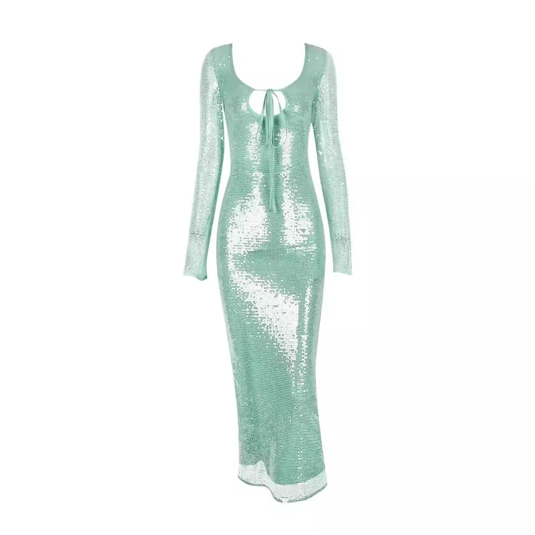 Long Sleeve Formal Occasion Dresses Sequins Elegant Maxi Dress Wedding Party Dress