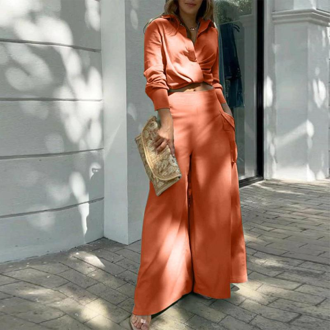 Zina® | Elegant Long-Sleeved Crop Blouse And Wide-Legged Pants
