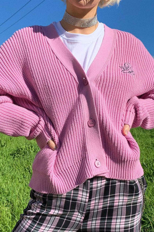 Marta | Pink cardigan with embroidered letters and buttons on the front