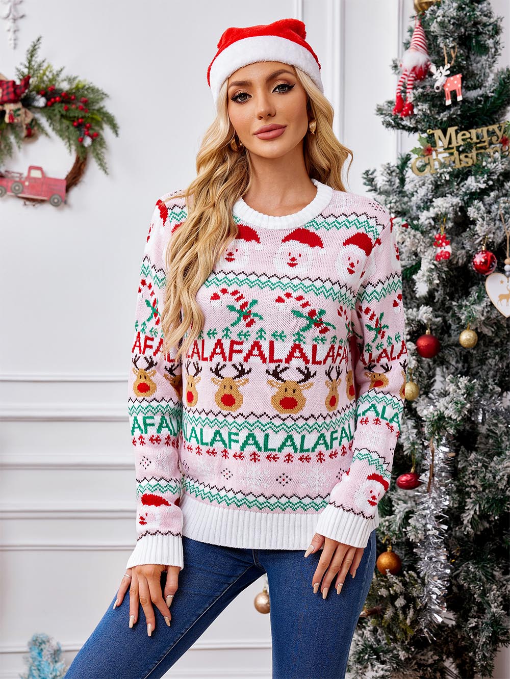 Cristina | Pink cute knitted Christmas sweater