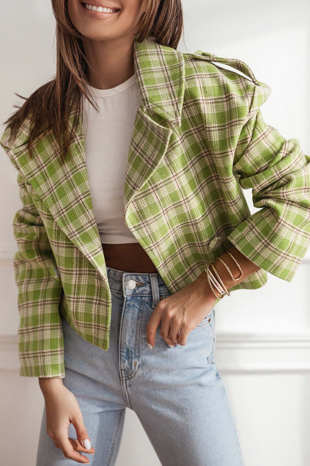 Alma | Checked crop blazer with button placket