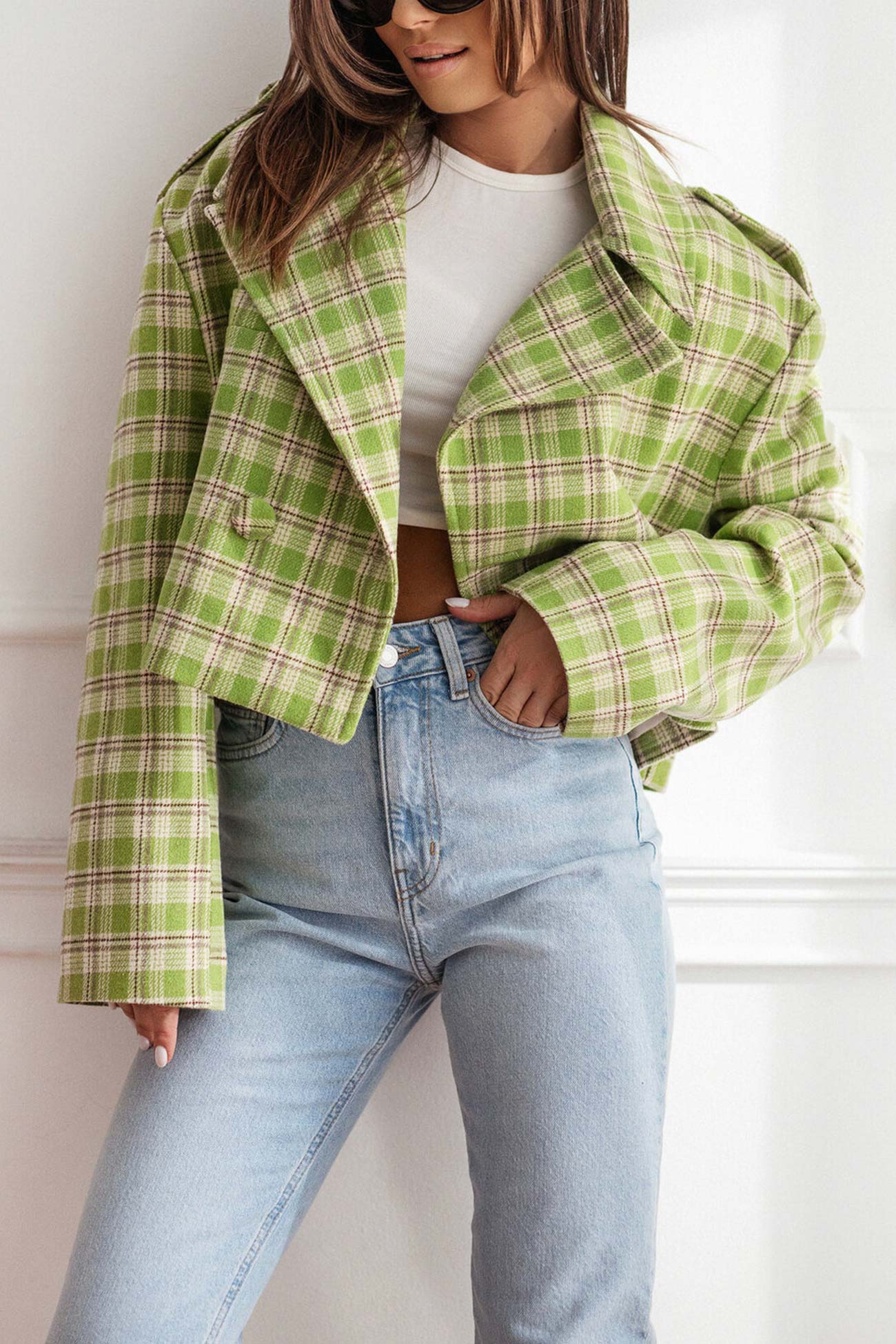 Alma | Checked crop blazer with button placket