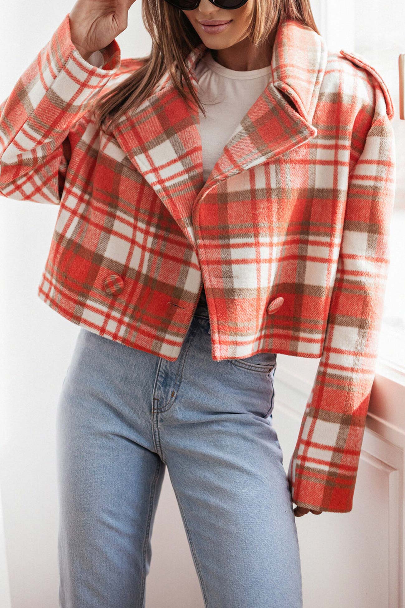 Alma | Checked crop blazer with button placket