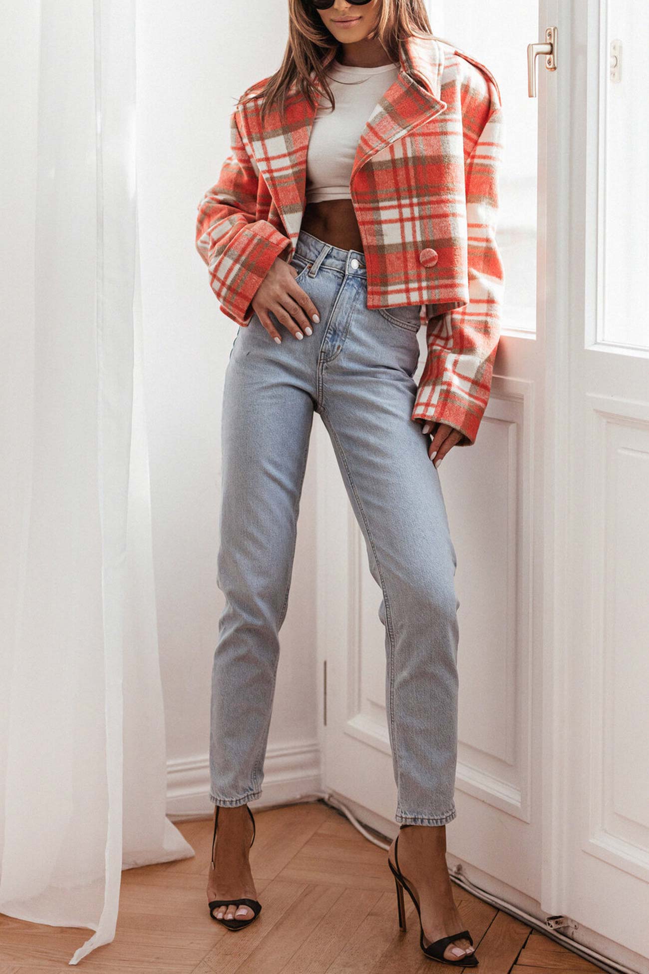 Alma | Checked crop blazer with button placket