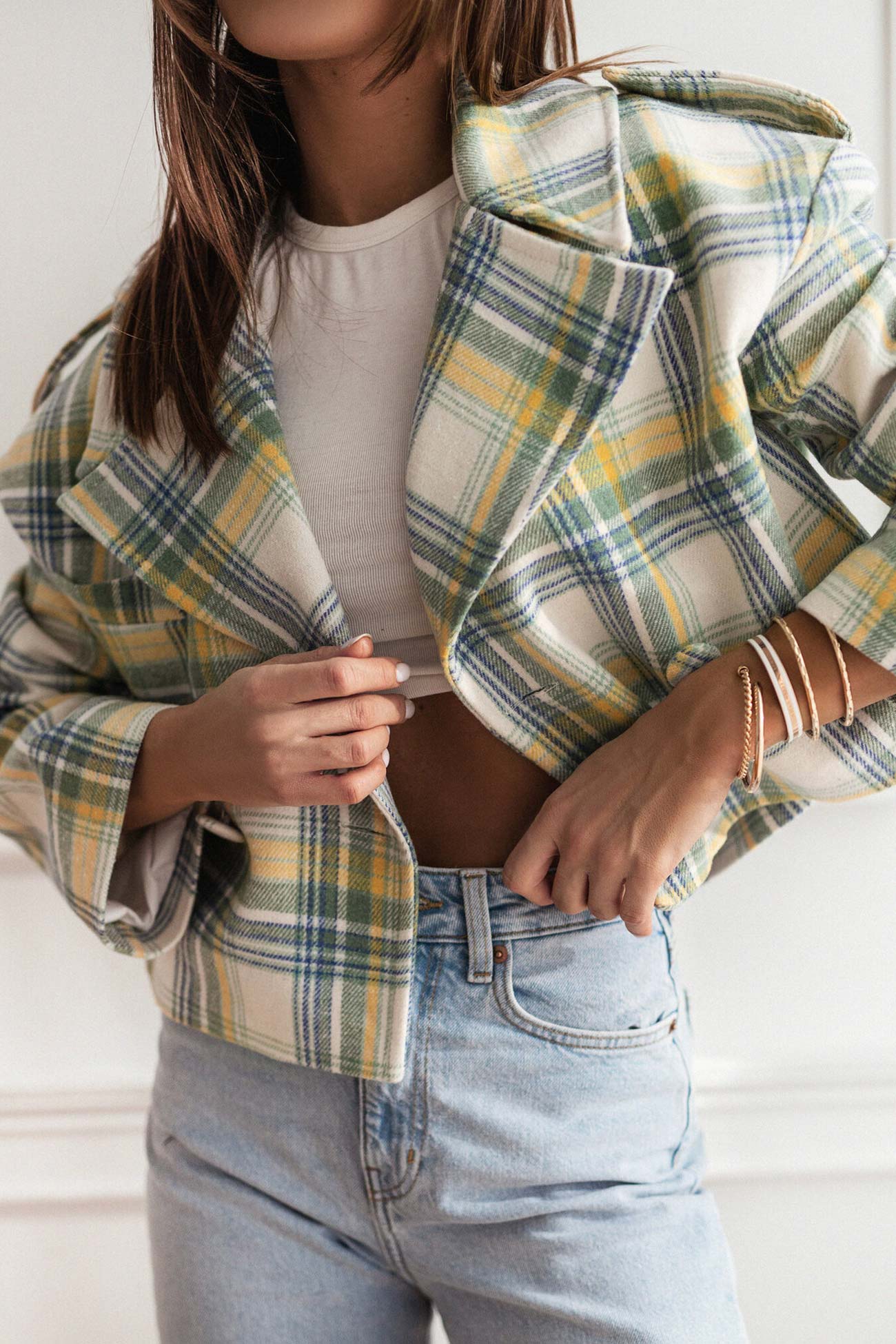 Alma | Checked crop blazer with button placket