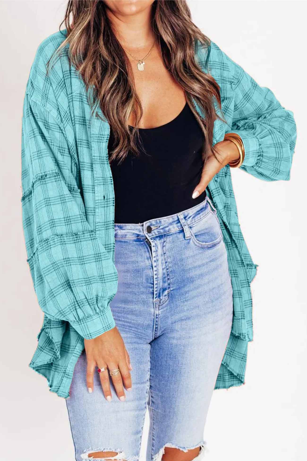 Vanja | Checked blouse with button placket, fringes and slit hem