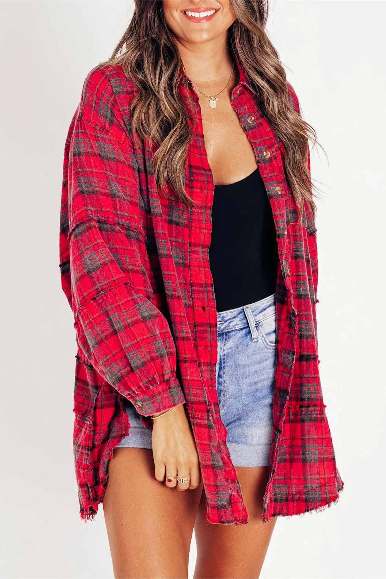 Vanja | Checked blouse with button placket, fringes and slit hem