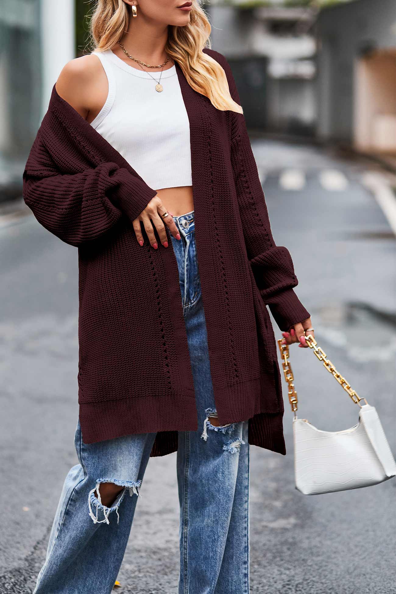 Nadine | Long cardigan with pockets, open front slit and hem