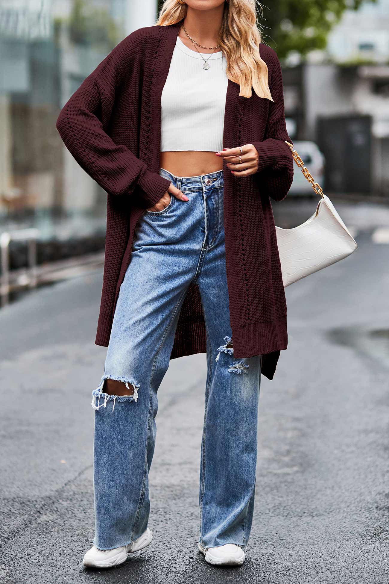 Nadine | Long cardigan with pockets, open front slit and hem