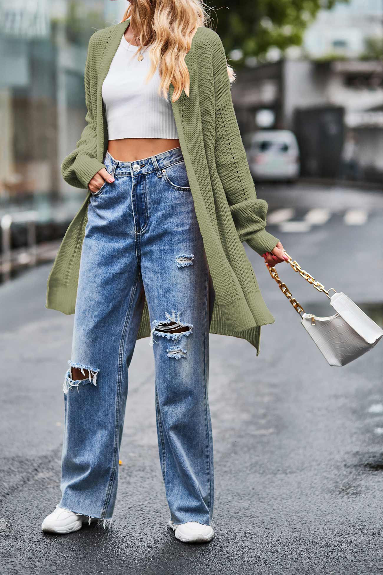 Nadine | Long cardigan with pockets, open front slit and hem