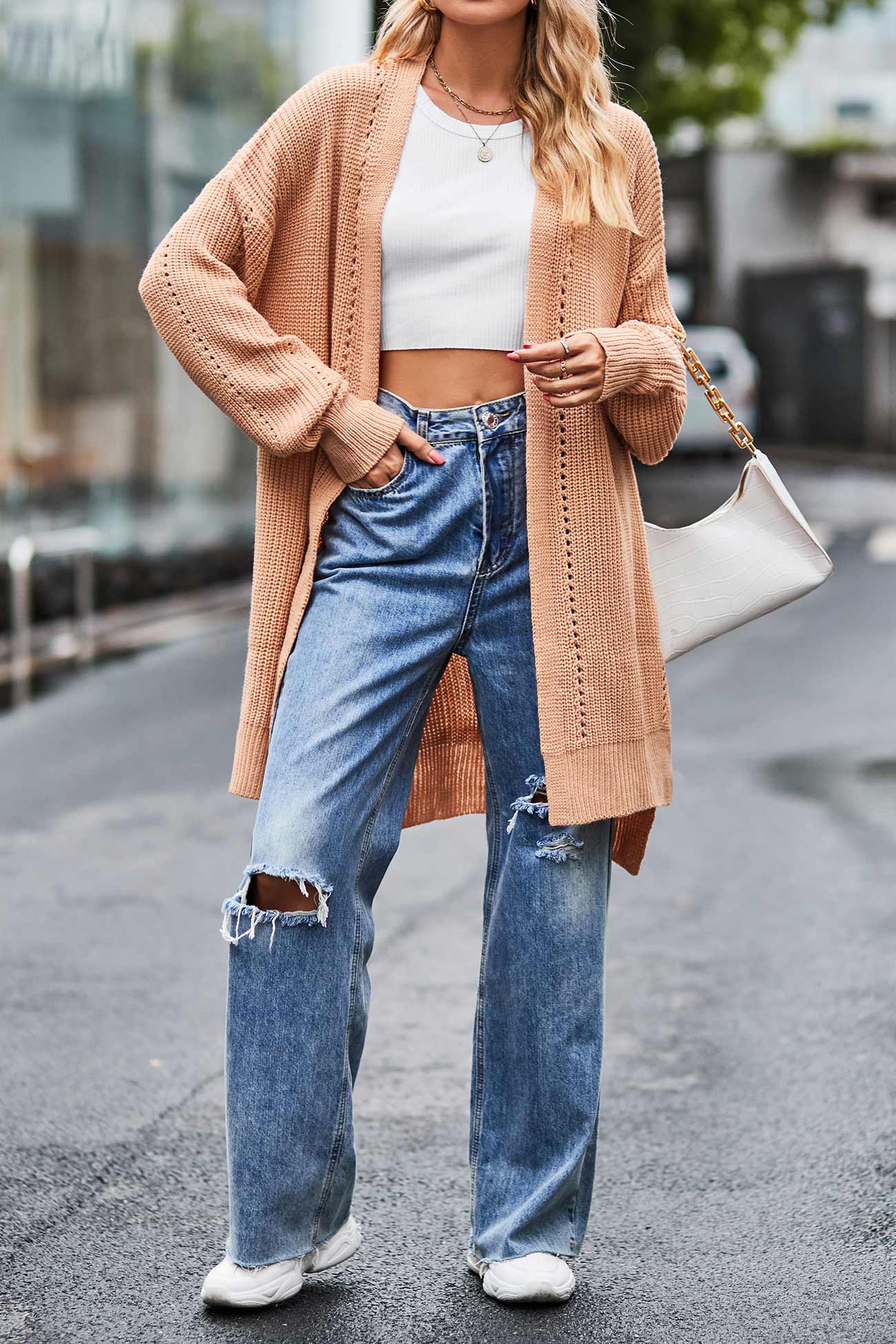 Nadine | Long cardigan with pockets, open front slit and hem