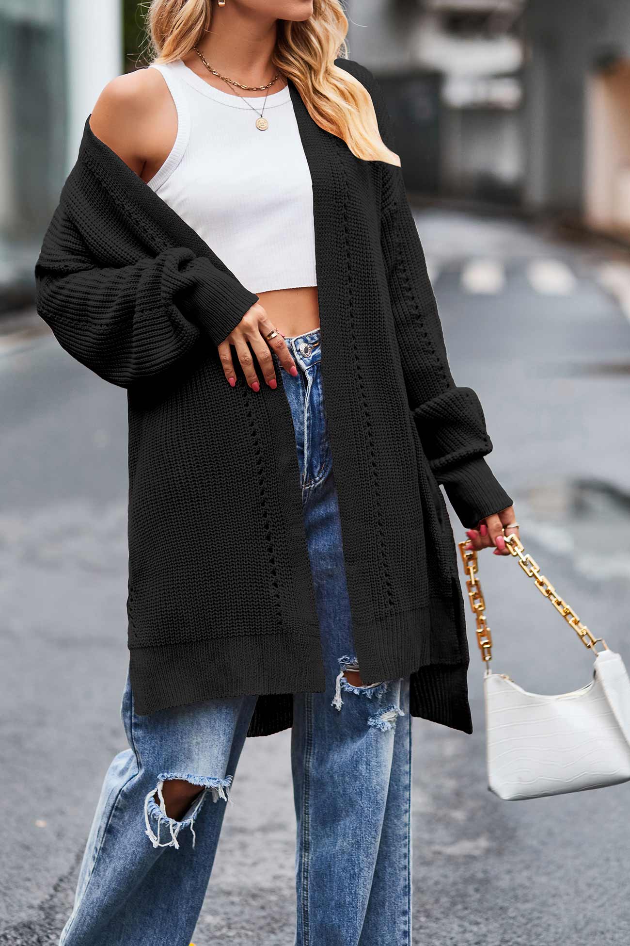 Nadine | Long cardigan with pockets, open front slit and hem