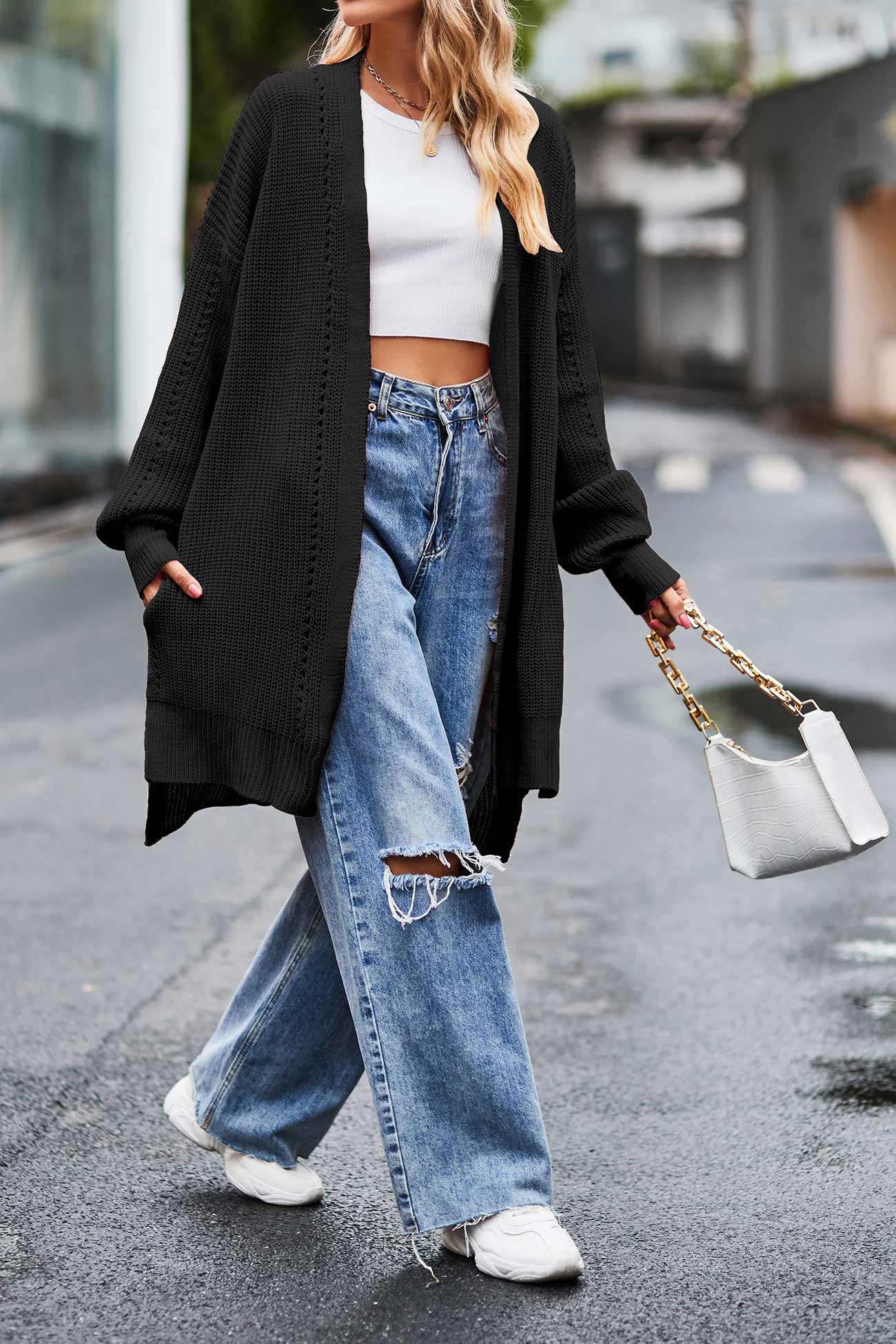 Nadine | Long cardigan with pockets, open front slit and hem