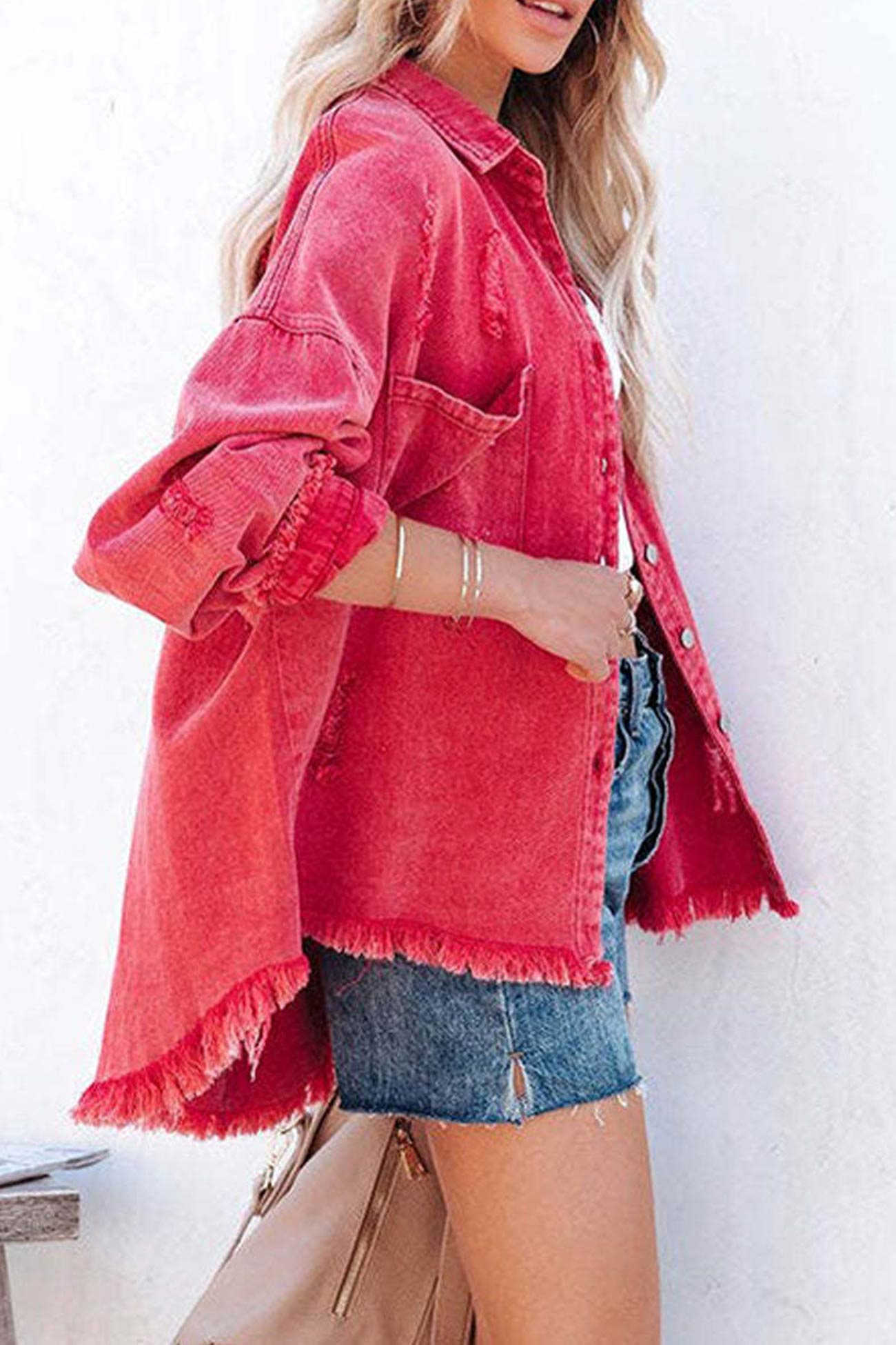 Sara | Solid color distressed denim jacket with pockets
