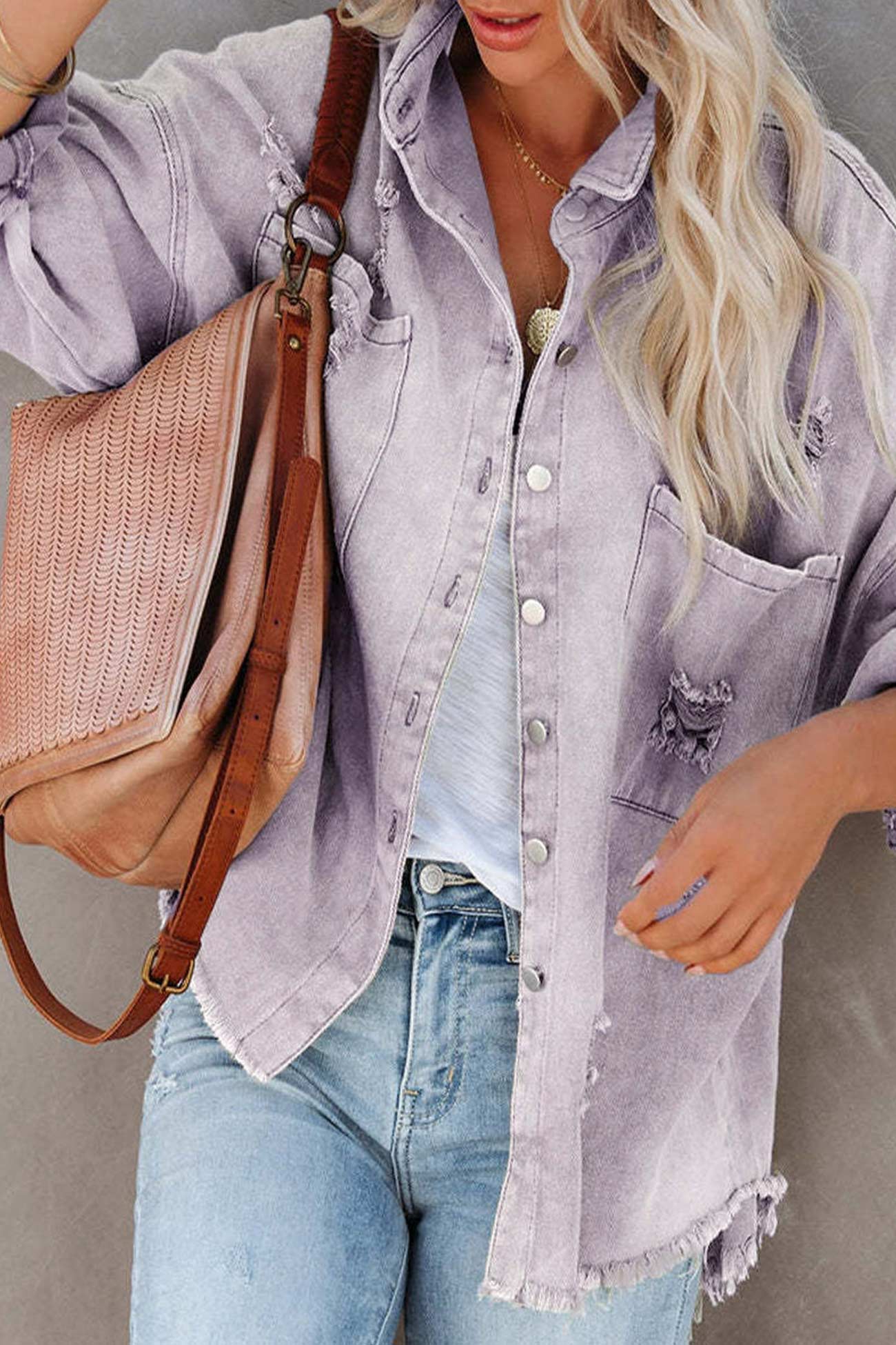 Sara | Solid color distressed denim jacket with pockets