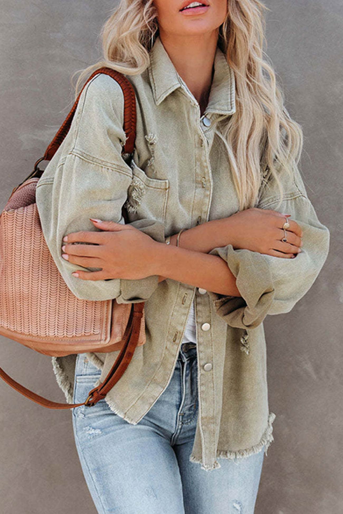 Sara | Solid color distressed denim jacket with pockets