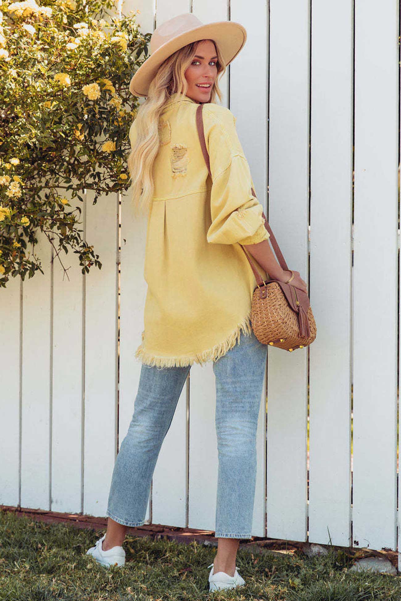 Sara | Solid color distressed denim jacket with pockets