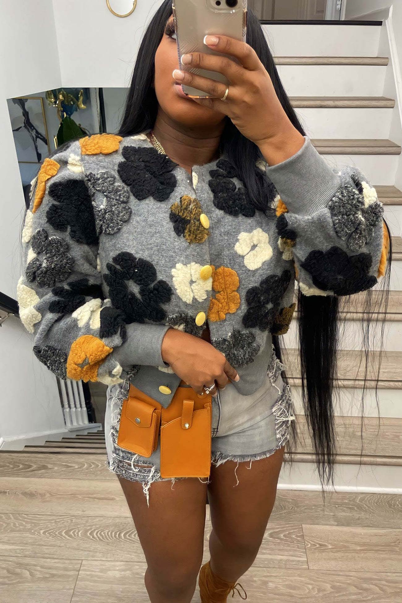 Monica | Floral jacquard cardigan with puff sleeves