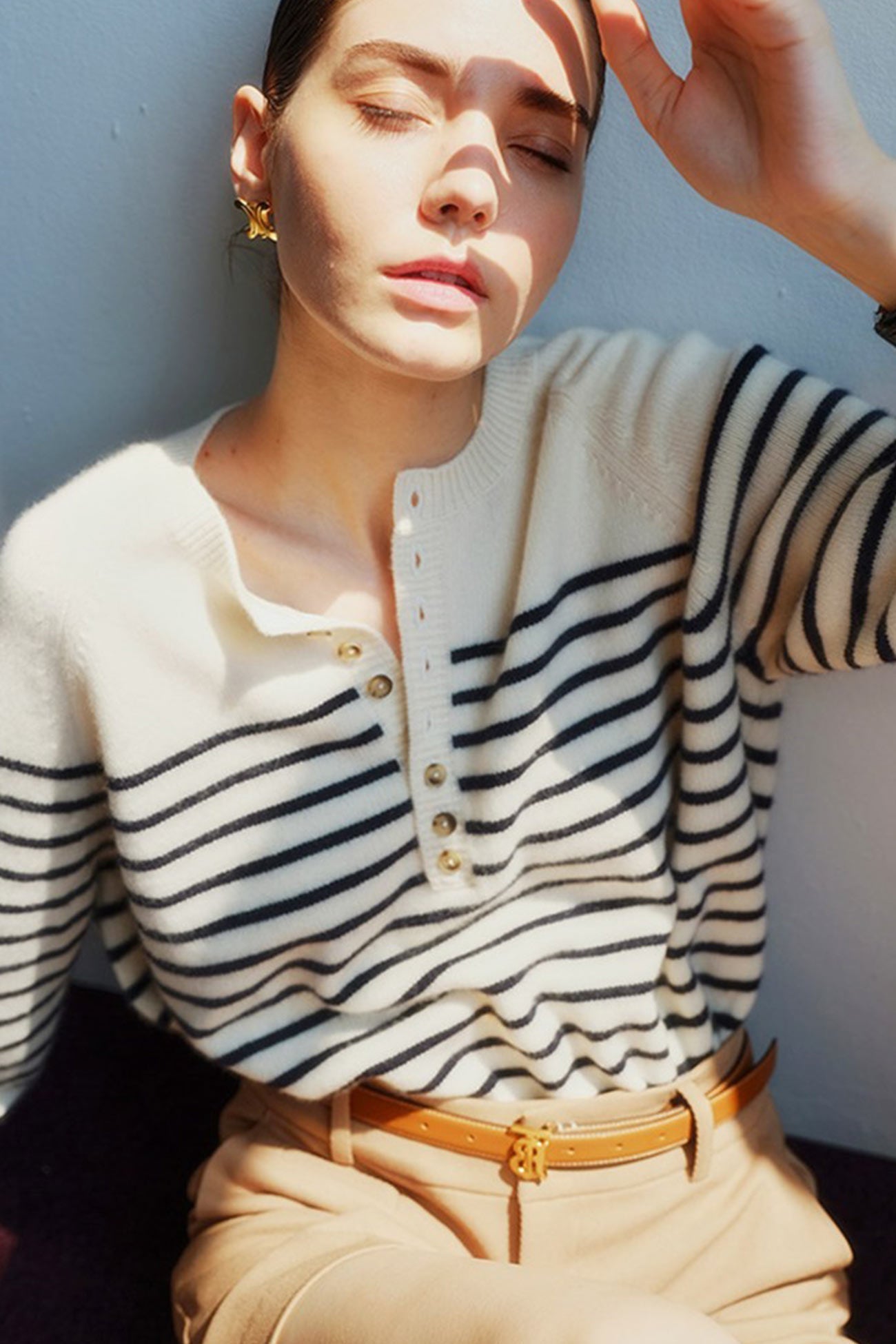 Paula | Striped sweater with a crew neck and button placket at the front