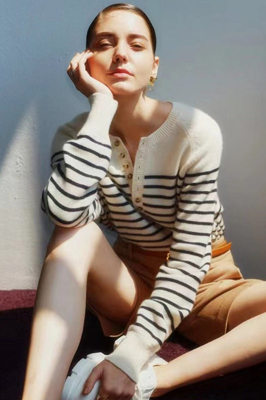 Paula | Striped sweater with a crew neck and button placket at the front