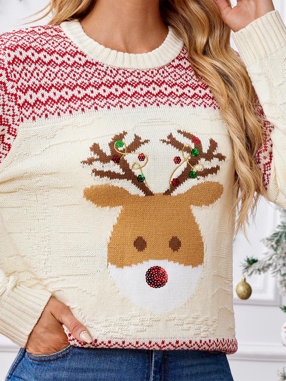 Delia | Ugly Christmas sweater with reindeer sequin embroidery