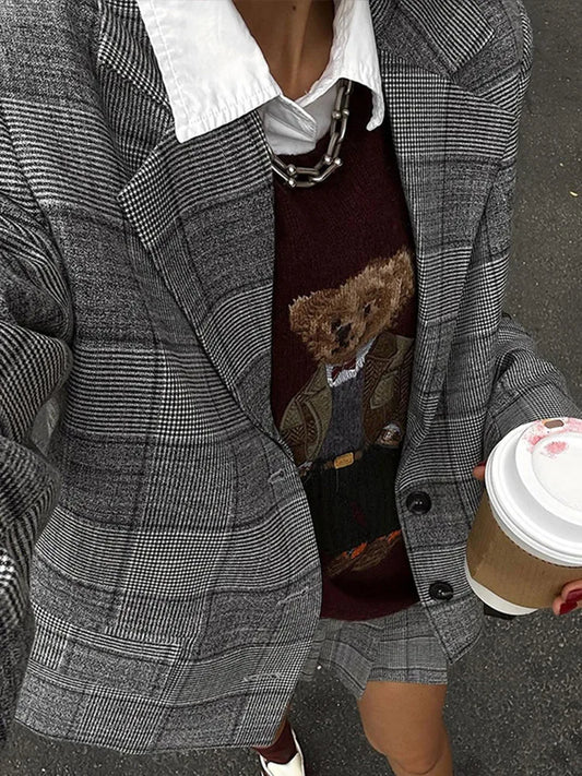 Retro Plaid Pleated Lapel Office Two Piece Set