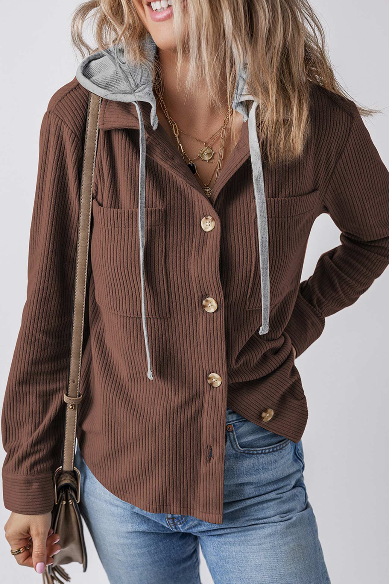 Ulla | Ribbed hooded jacket with button placket