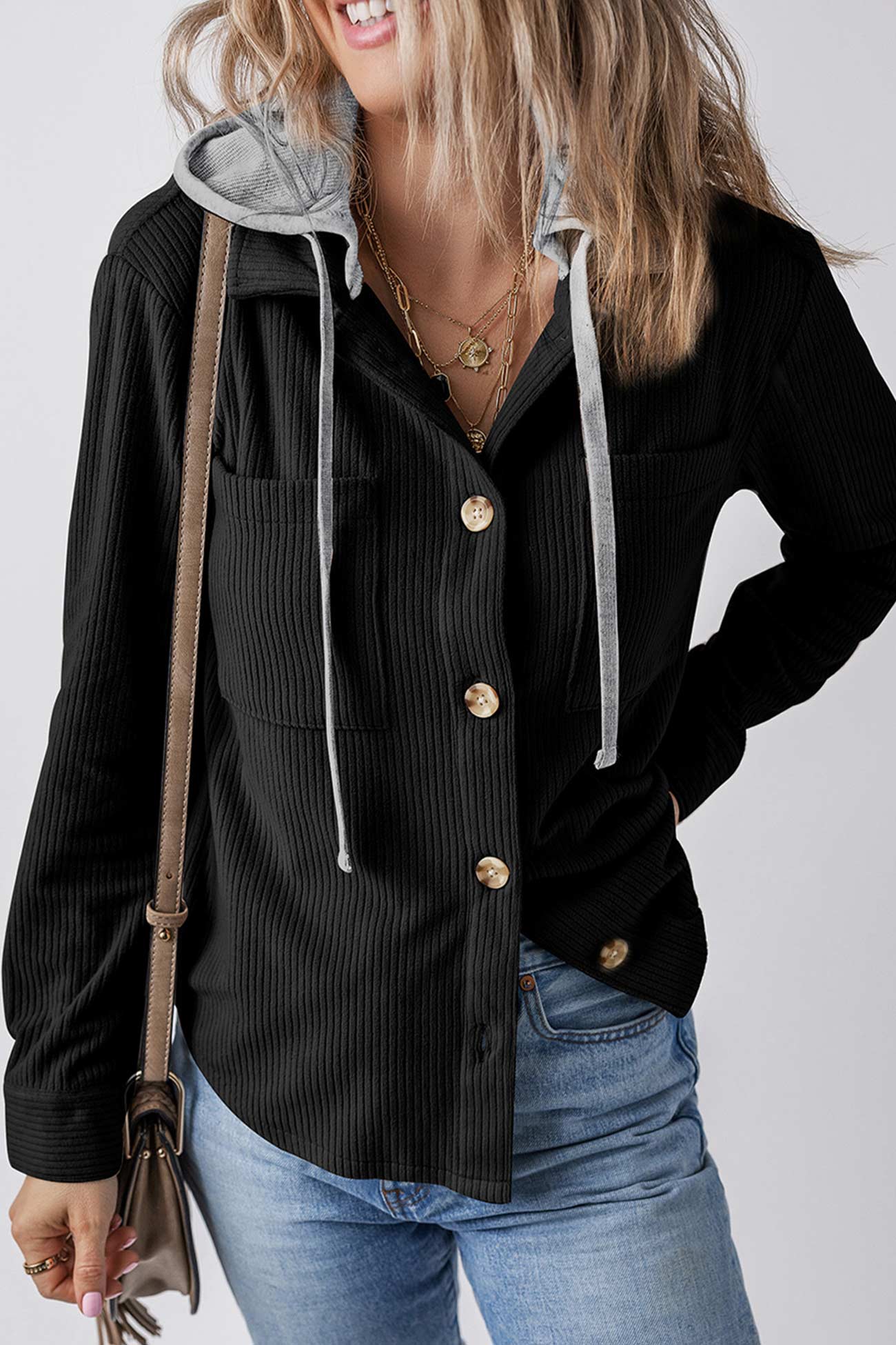 Ulla | Ribbed hooded jacket with button placket