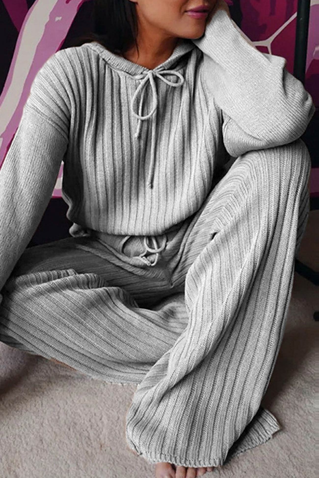 Verónica | Long pants set with a ribbed hoodie and drawstring