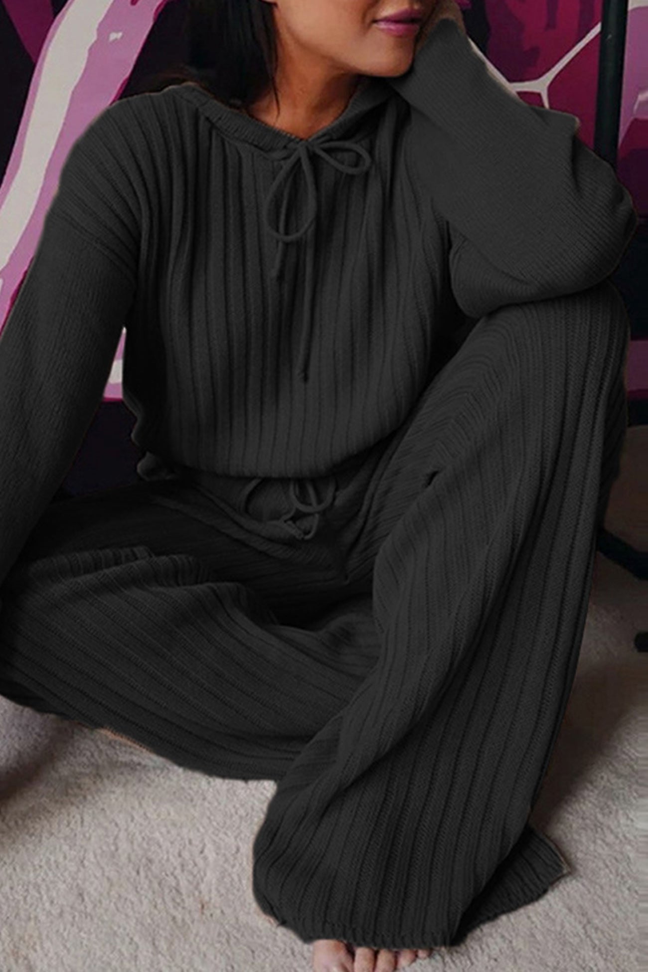 Verónica | Long pants set with a ribbed hoodie and drawstring