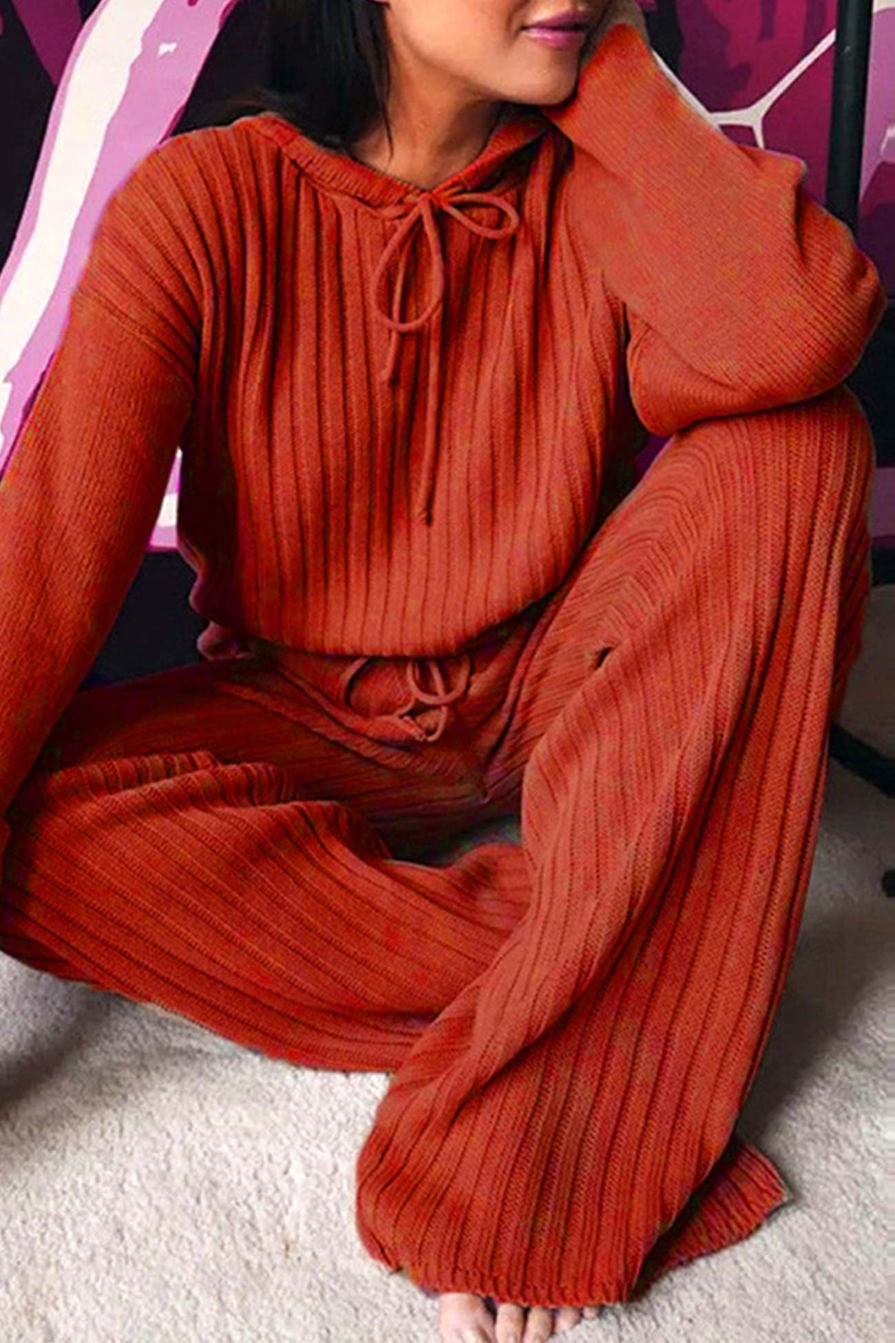Verónica | Long pants set with a ribbed hoodie and drawstring