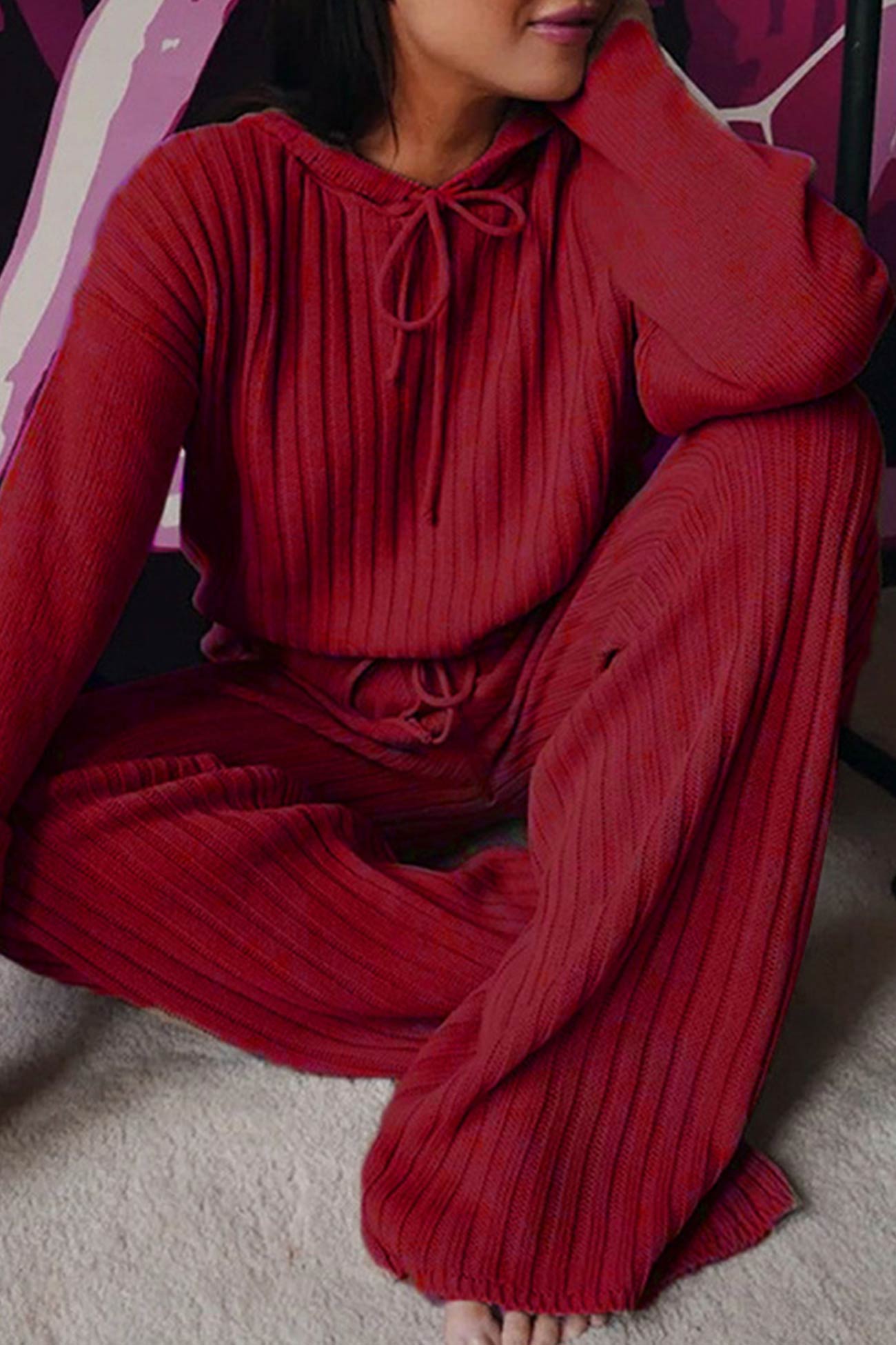 Verónica | Long pants set with a ribbed hoodie and drawstring