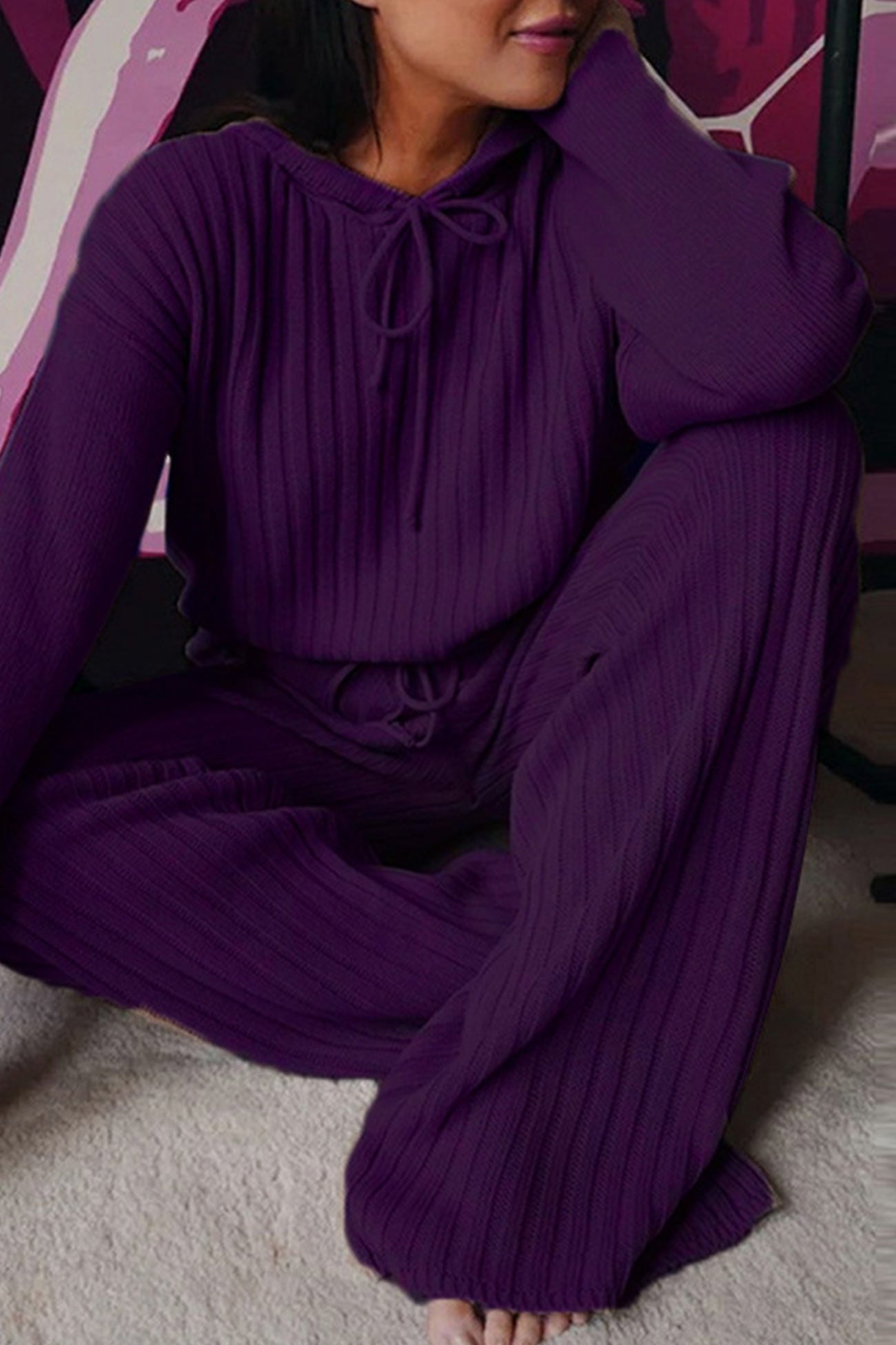 Verónica | Long pants set with a ribbed hoodie and drawstring
