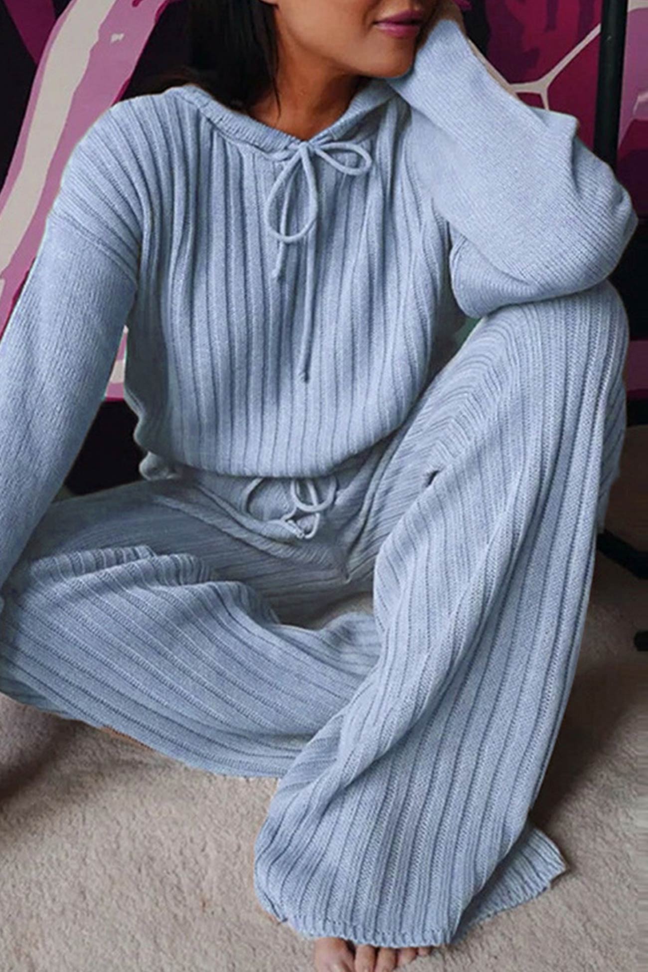 Verónica | Long pants set with a ribbed hoodie and drawstring