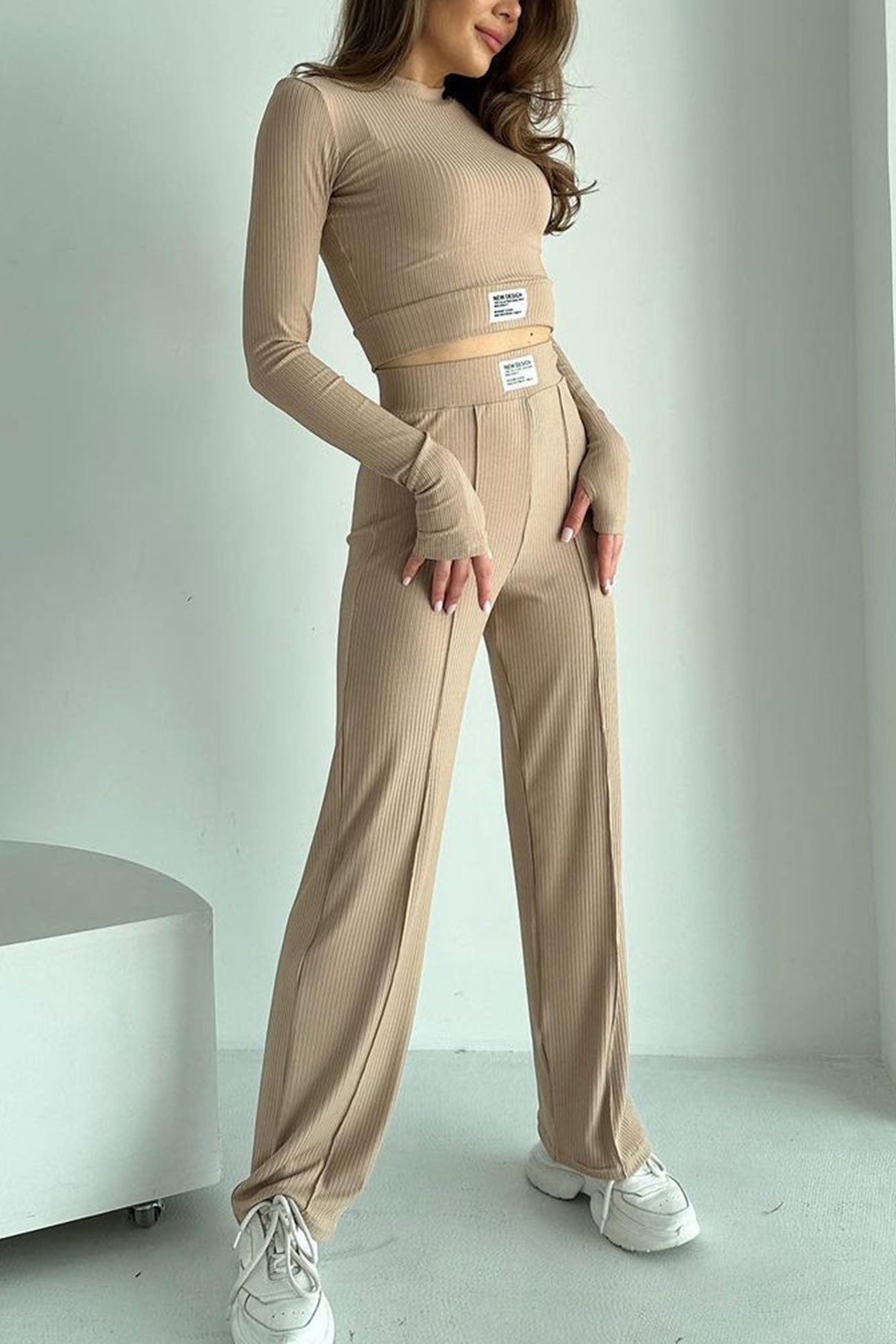 Lidia | Long pants suits with ribbed knit crop top