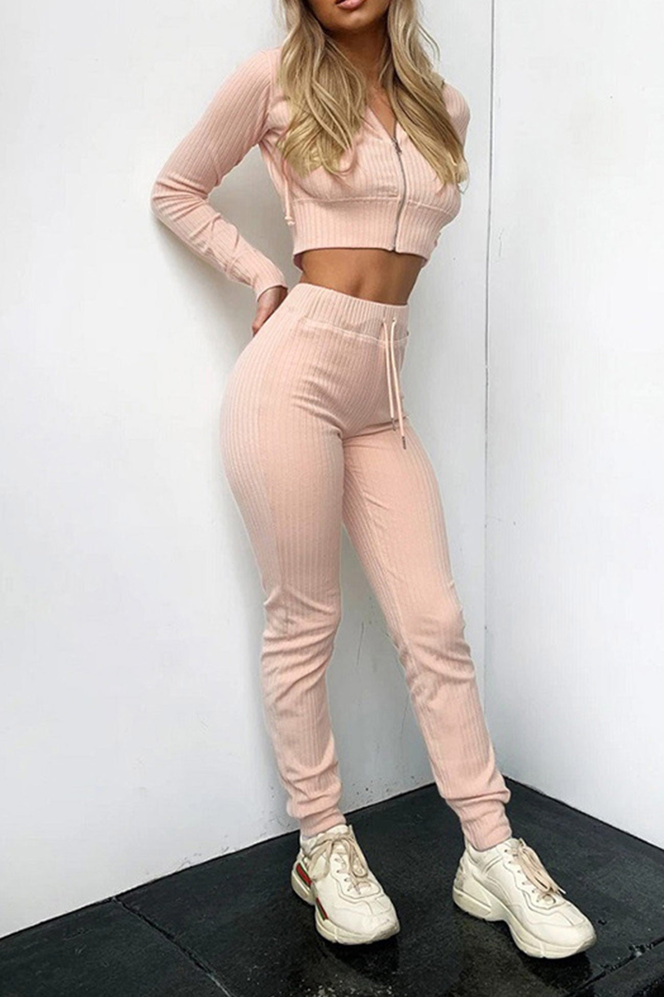 Paola | Long pants suits with ribbed knit hoodie