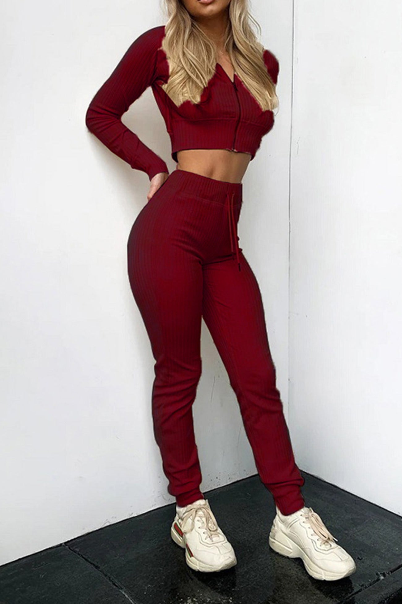 Paola | Long pants suits with ribbed knit hoodie