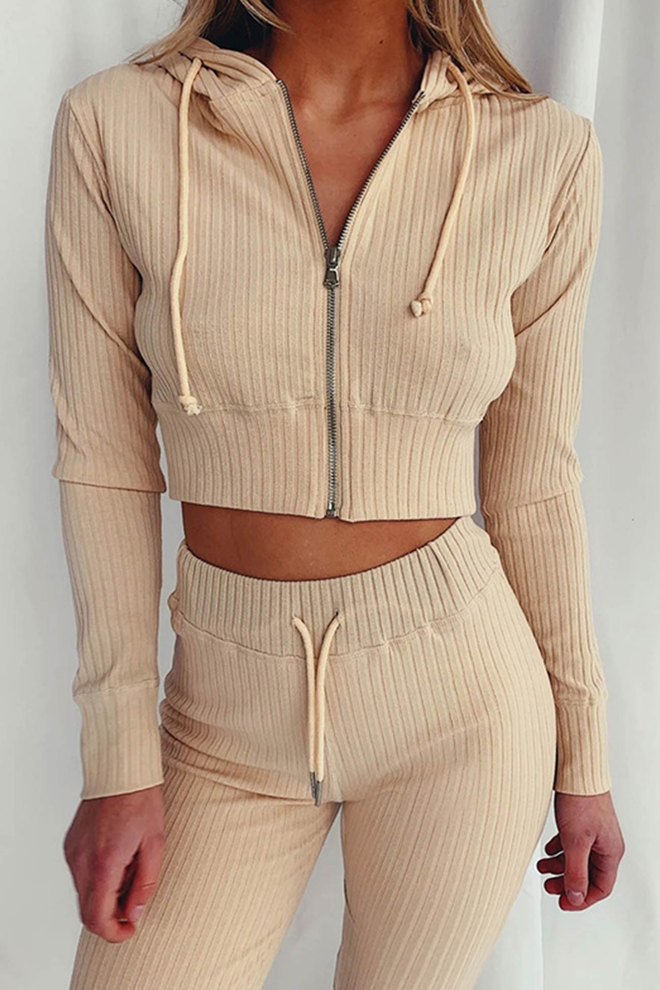 Paola | Long pants suits with ribbed knit hoodie
